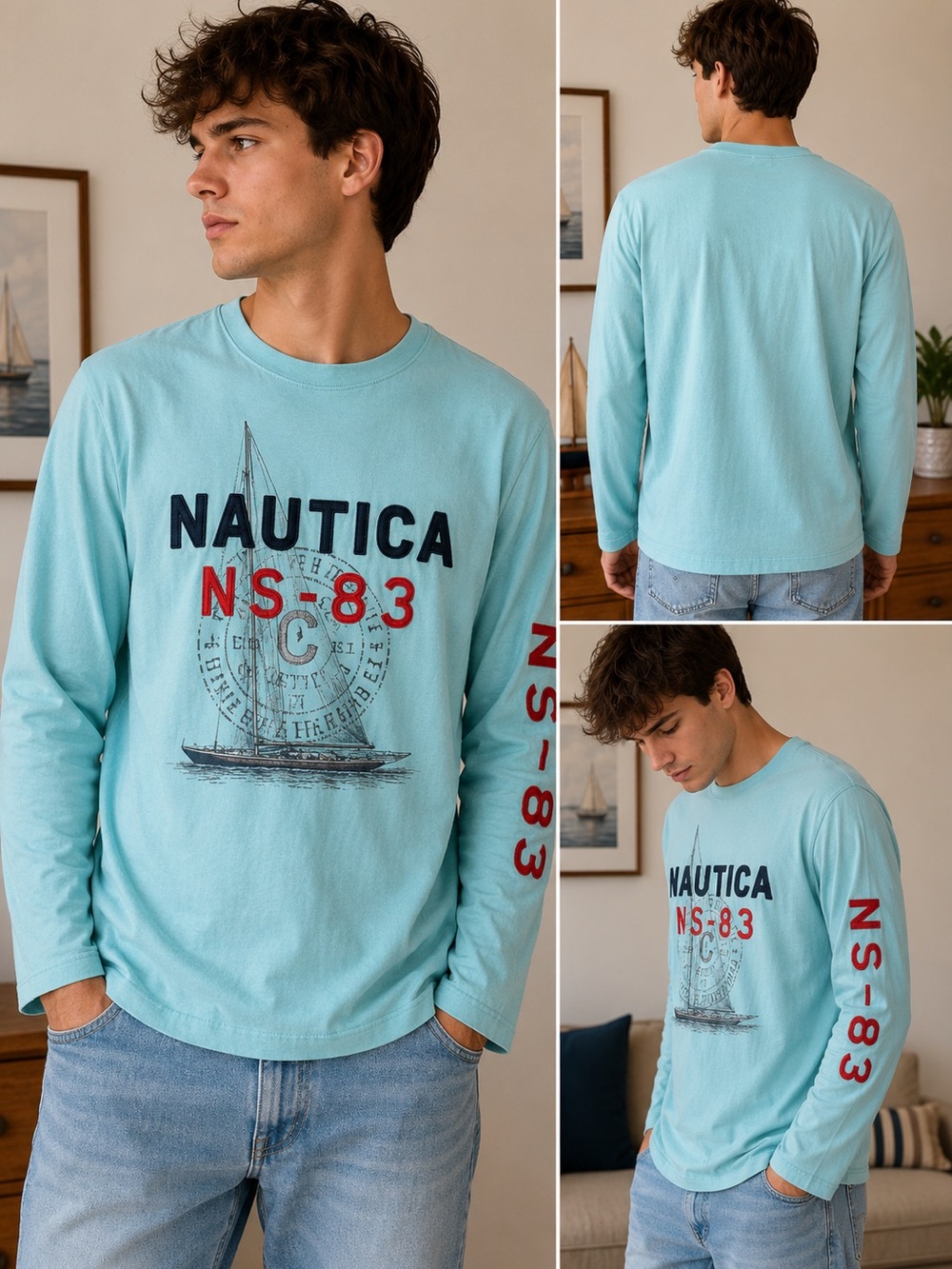 Nautica NS-83 Patch Logo Long Sleeve Graphic T Shirt Aqua Blue Mens L